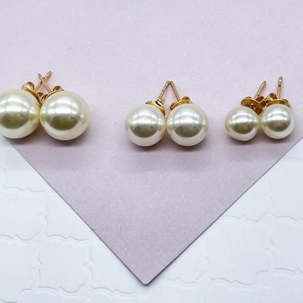 18k Gold Filled Plain Simulated Pearl Stud Earrings Available In Sizes 8mm, 10mm, 12mm   And Jewelry Making Supplies