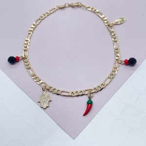 18k Gold Filled Figaro Anklet: Hamsa, Azabache, Chili, Evil Eye Charms