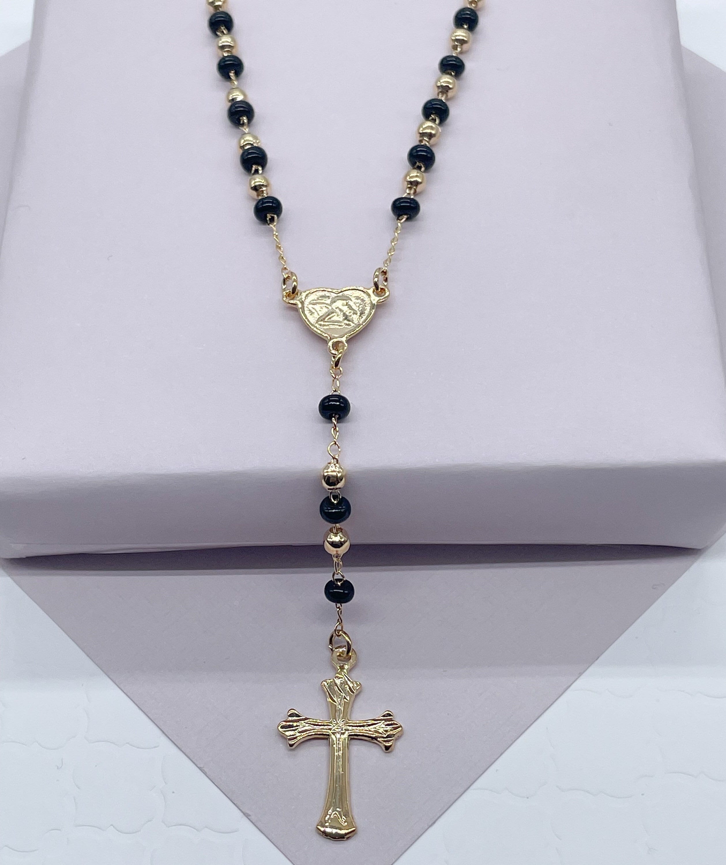 18k Gold Filled Black Beaded Fashion Rosary With Angel and Cross