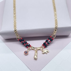 18k Gold Filled Charm Necklace: Figa Hand, Evil Eye, Elephant