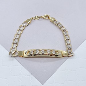 7mm 18k Gold Filled Two Tone Unisex ID Bracelet Featuring Curb Chain Detail