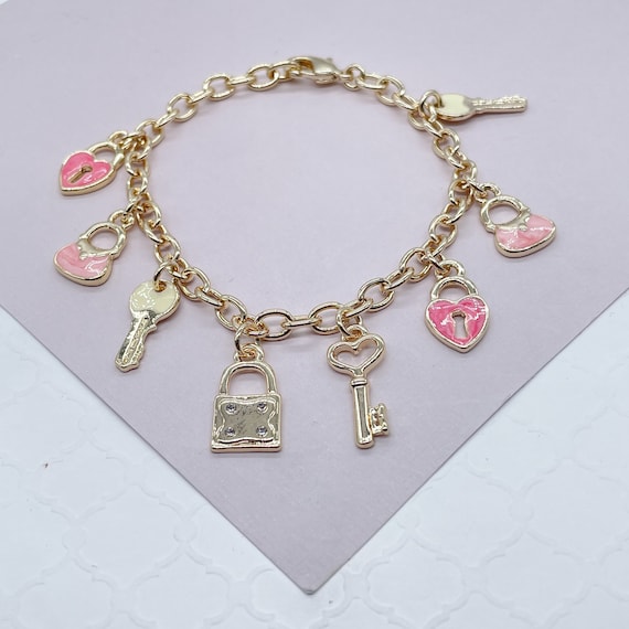 18K Gold Filled Pink Charm Bracelet with Heart & Keys Wholesale Jewelry