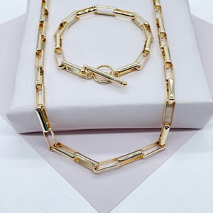 18k Gold Filled Smooth Long Paper Clip Set With Toggle Enclosure