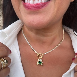 18k Gold Filled Tennis Chain Toggle Choker With Green CZ Bear Charm