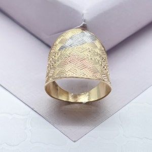 Large 18k Gold Filled Geometric Patterned Tri-Color Ring  Jewelry