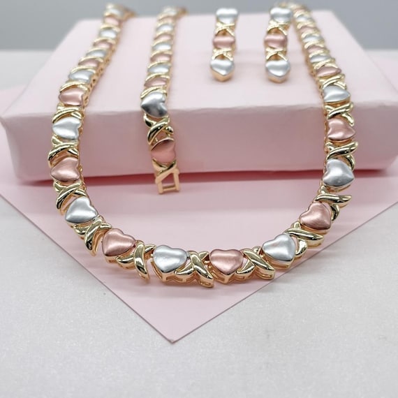 18k Gold Filled Tri-color Heart XOXO, Earrings, Bracelet and