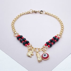 Protection de la main « Figa » en or 18 carats, oeil mauvais rouge, bracelet à breloques éléphant porte-bonheur, bracelet azabache simulé
