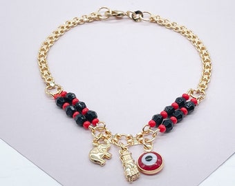18k Gold Filled Charm Bracelet: Figa Hand, Evil Eye, Elephant