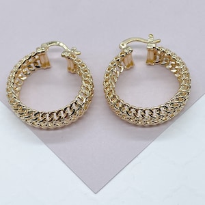 18K GoldFilled Three Row Cuban Link Hoop Earrings