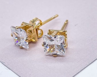 18k Gold Filled 6mm Cubic Zirconia Square Stud Earrings, Princess Cut Square Studs,