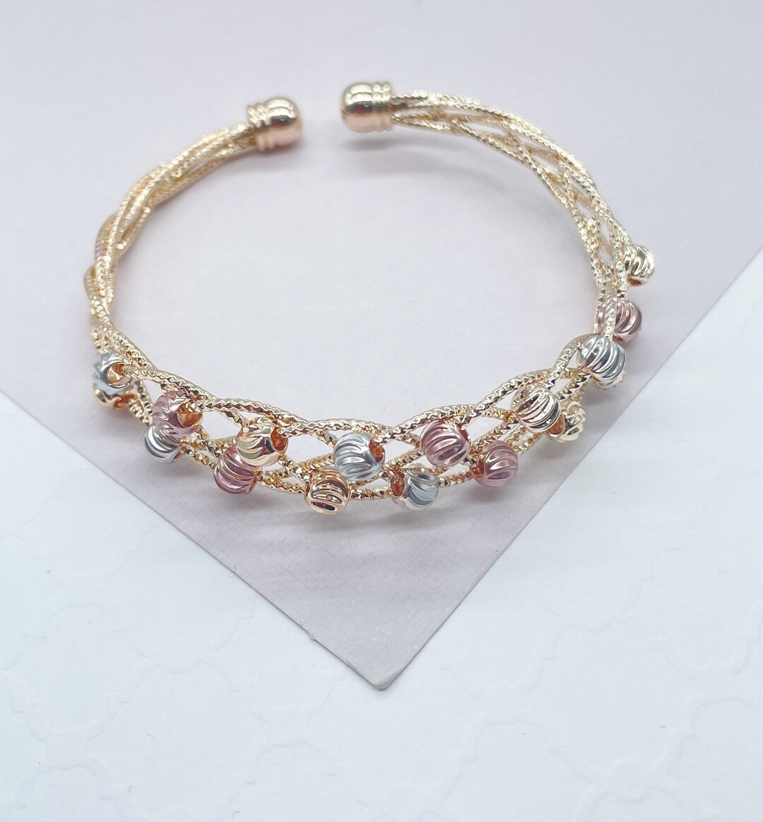 18k Gold Filled Tri-color Open Ended Braided Bangles With Beads - Etsy