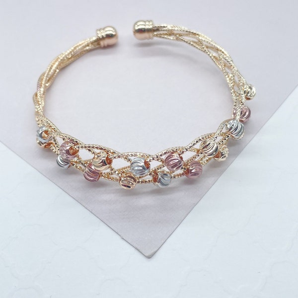 18k Gold Filled Tri-Color Open Ended Braided Bangles With Beads