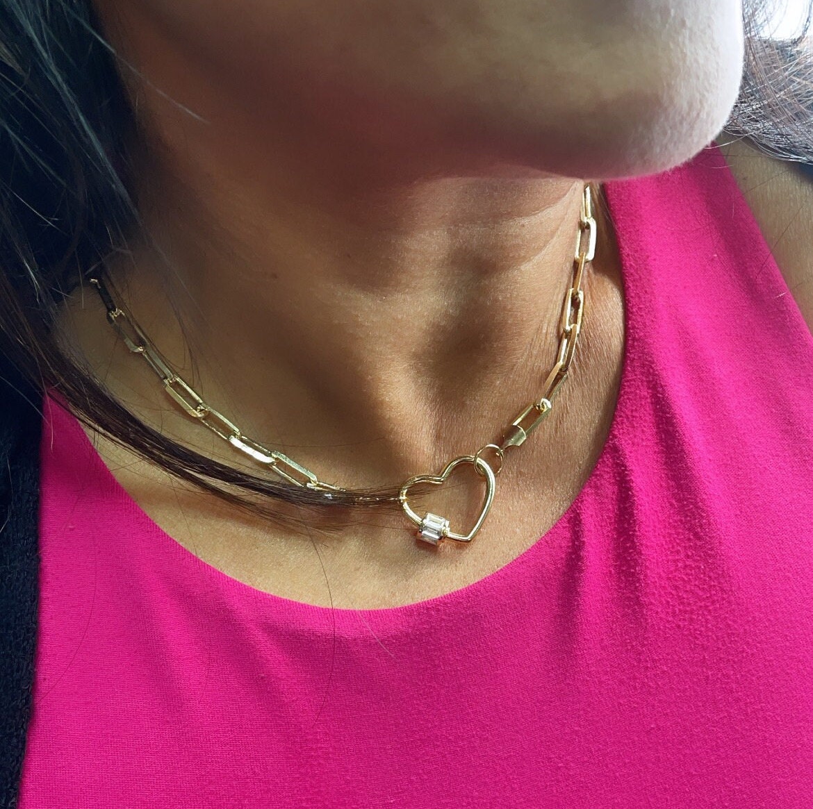 18k Gold Filled Paper Clip Choker With Heart Carabiner Lock Clasp Featuring  Baguette CZ Closure and Supplies - Etsy