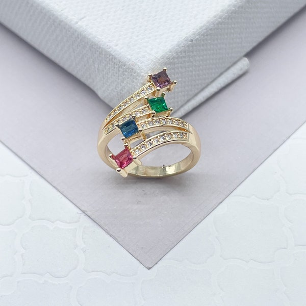 18k Gold Filled Ring with 4 Multi Color Princess Cut Zirconia Stone Featuring Clear Micro Pave Cubic Zirconia Band  Jewelry Supplie