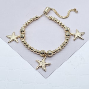 18k Gold Filled 4mm Beaded Bracelet With Starfish Charms In An Sophisticated Slide Clasp   Jewelry