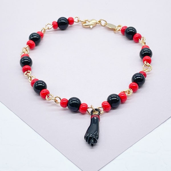 18k Gold Filled Protection "Figa" Hand Bracelet, Mano Fico, Black and Red Beads Connected