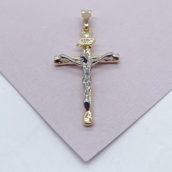 18k Gold Filled Two Tone Crucifix Cross Featuring Image of Jesus Christ in Silver Filled  Supplies