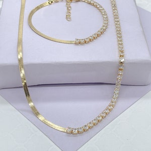 18k Gold Filled Simple Thin 3mm Half Herringbone and Tennis Chain Choker Set, Birthday Gift, Gifts For her, Dainty Set, Dainty Chokers
