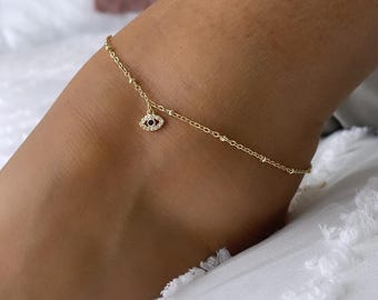18k Gold Filled Satellite Anklet, Dainty Evil Eye Charm, Protection Jewelry