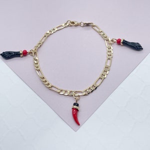 18k Gold Filled Figaro Ankle Bracelet: Black Figa Hand & Chili Pepper Charms