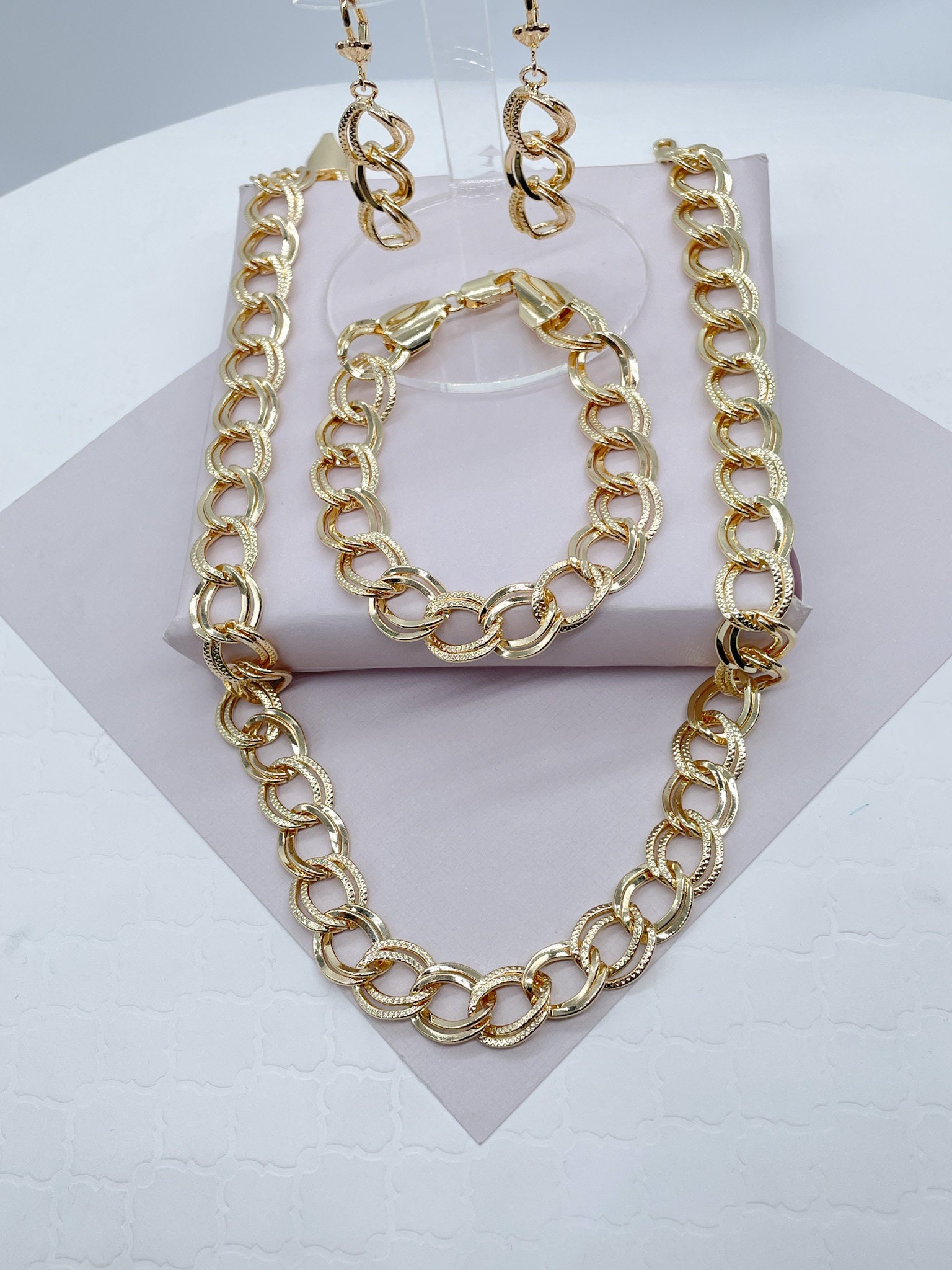 Chunky Hollowed 18k Gold Filled Double Rugged Link Light Set