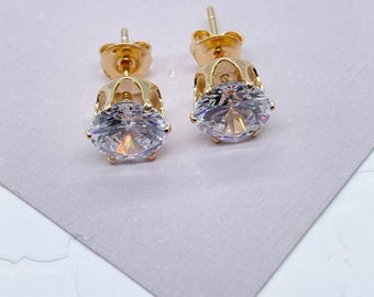 18k Gold Filled  8mm Cubic Zirconia Round Stud Earrings Crown Settings