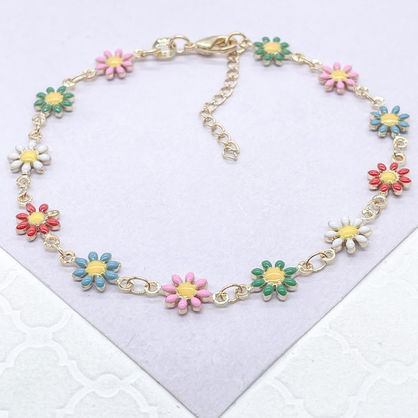 18k Gold Filled Colorful Enamel Multicolored Flower-Patterned Bracelet, Summer Jewlery Nature Jewlery, For Her, For Girl