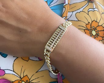 7mm 18k Gold Filled Unisex ID Cuban Link Bracelet with Engraved Edge Pattern
