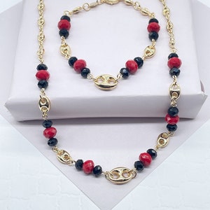 18k Gold Filled Puffy Mariner Link, Simulated Azabache, Red Shiny Bead Set, Protection Jewelry,