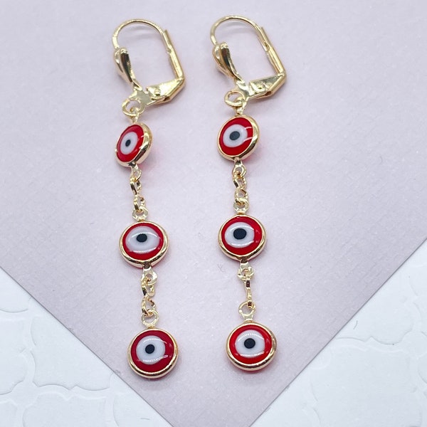 18k Gold Filled Red Evil Eye Dangling Earring, Greek Eye, Turkish Eye, Gold Lever Back Closure   And Jewelry Making Jewelry