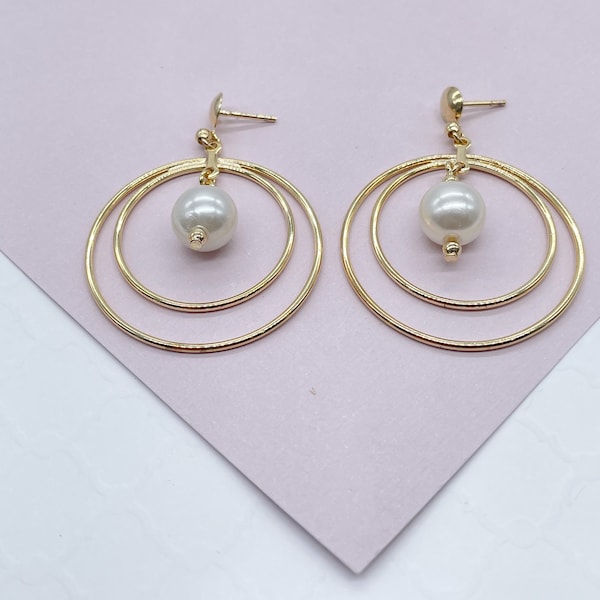 18k Gold Filled Double Stacked Hoop Earrings Featuring Simulated Pearl Dangling In The Middle