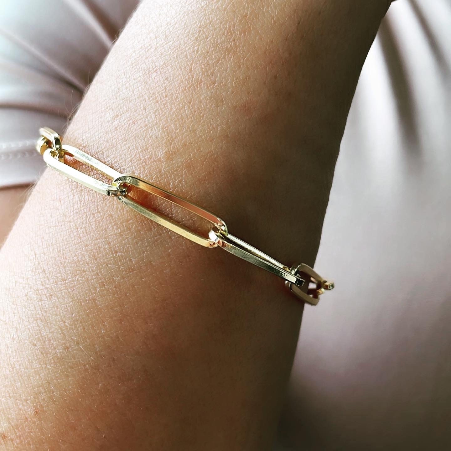18k Gold Filled Thin Long Smooth Paper Clip Link Bracelet Etsy
