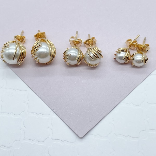 18k Gold Filled Pearl Stud Earrings Wrapped In Gold Thread, Grabbed By Wires Of Gold, Small, Medium And Large Size