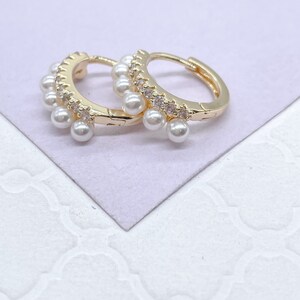 18k Gold Filled Dual Rowed Pearl And CZ Pave Hoop Earring