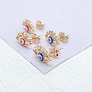 18k Gold Filled Evil Eye Studs Crowned With Stones and Mini Lashes