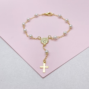 18k Gold Filled Pearl Rosary Bracelet: Virgin Mary Crucifix Charm