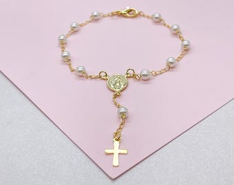 18k Gold Filled Pearl Rosary Bracelet: Virgin Mary Crucifix Charm