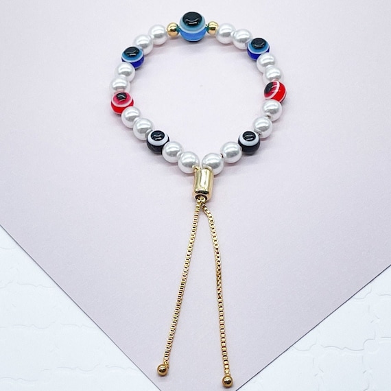 Bracciale Con Perline Malocchio Blu &ndash; Placcato Oro 18K &ndash; Amuleto Portafortuna