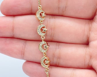 18k Gold Filled Moon and Star Bracelet: Cubic Zirconia Adjustable Box Chain