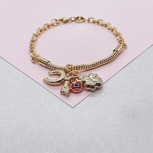 18k Gold Filled Snake & Curb Link Charm Bracelet