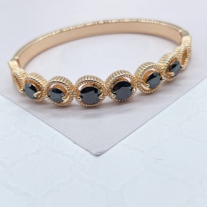 18k Gold Filled Cuff Bracelet Crowned With Black Stones