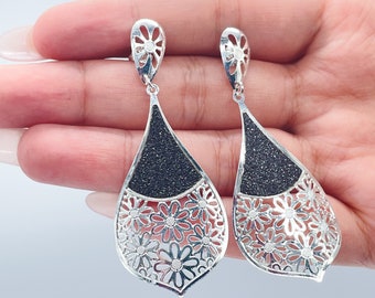 Silver Filled Tear Drop Dangling Earrings with Sparkling Black Detail