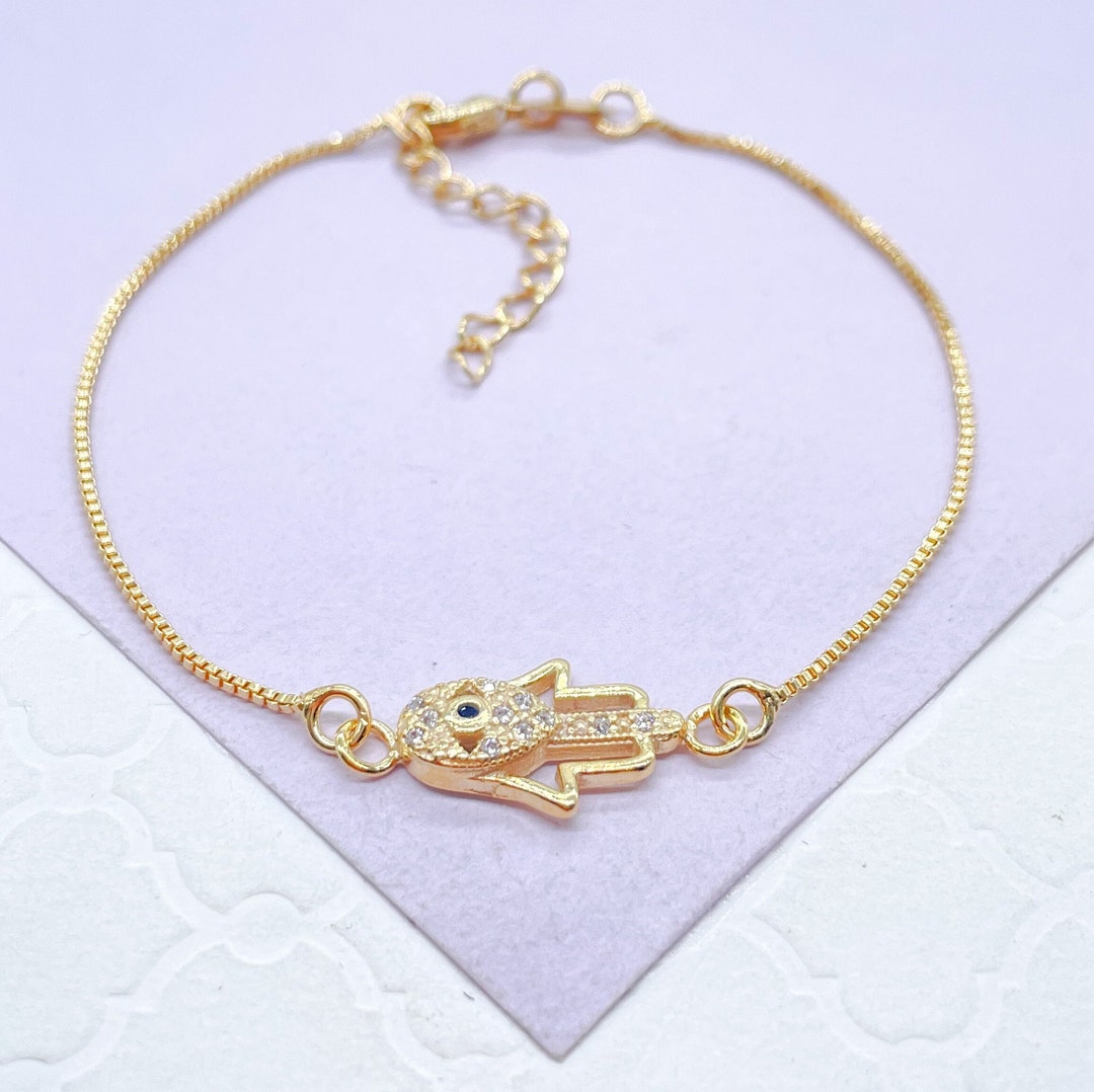 18k Gold Filled Dainty Box Chain Bracelet With CZ Hamza Hand Charm Etsy