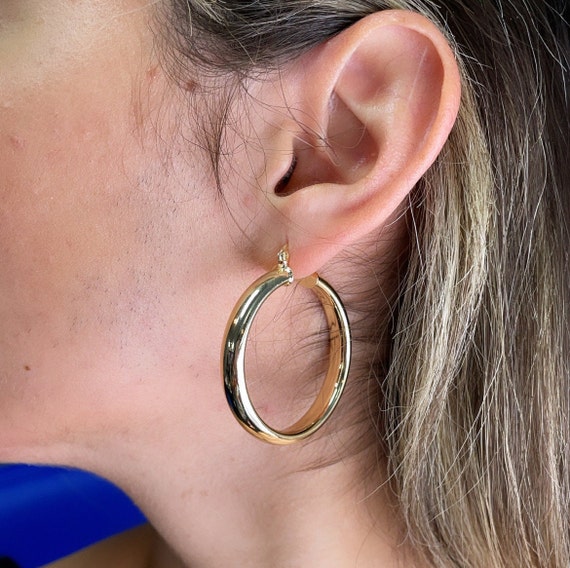 18k Gold Filled Thick Flat Inside Hoop Earrings Plain Gold Fat