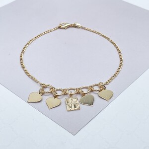 18k Gold Filled Figaro Anklet With Plain Heart Charms & Love Charm