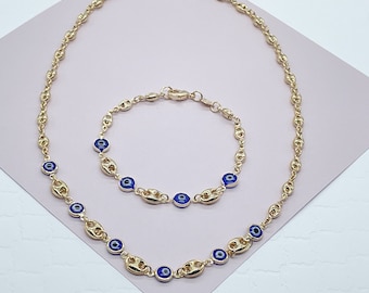 18k Gold Filled Mariner Link Mixed Blue & / or Red Eye Bracelet And Necklace