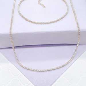18k Gold Filled Dainty Ultra-Thin Layering Tennis Chain Bracelet & Choker Set