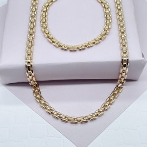 Thick Vintage Style 18k Gold Filled Flat Three Pattern Layered Chain Necklace & Bracelet