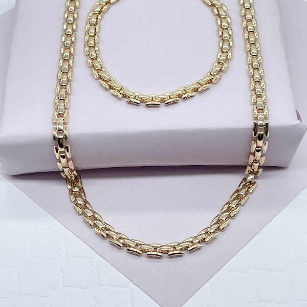 Thick Vintage Style 18k Gold Filled Flat Three Pattern Layered Chain Necklace & Bracelet