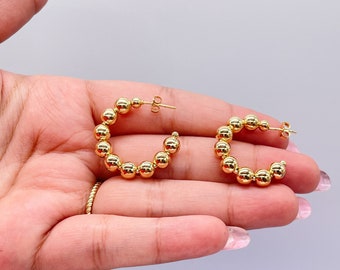 18k Gold Filled Beaded Hoop Earrings: 6mm Ball, Small/Medium